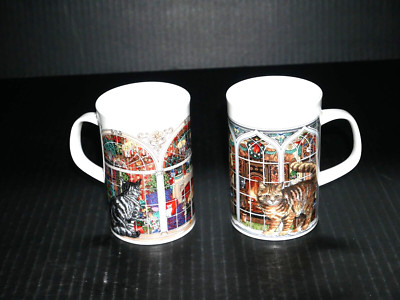 Dunoon Fine Bone China two different Christmas Cat Mugs Made in England tabby &