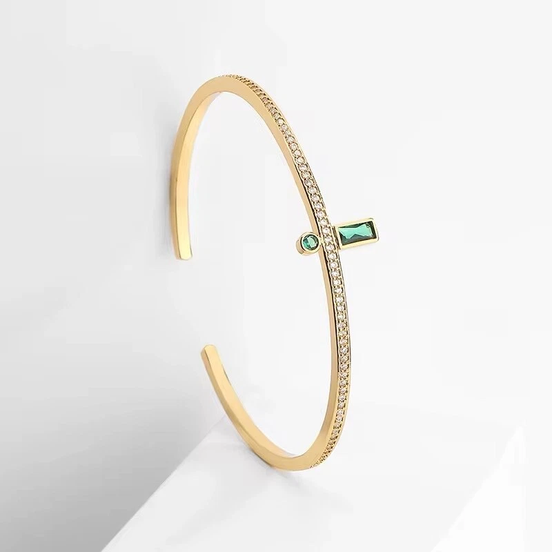 ZARD Open Cuff Bangle Bracelet in 14k Gold Plate Bezel Set Baguette CZ - Image 2 of 4