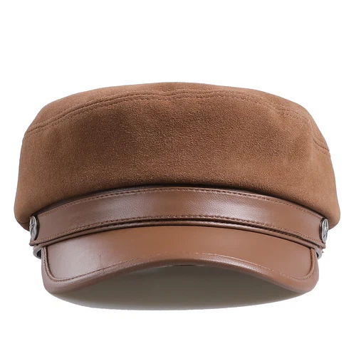 100% Suede Leather Unisex Classic British Flat Top Cap Military Army Fiddle Hat - Picture 2 of 16