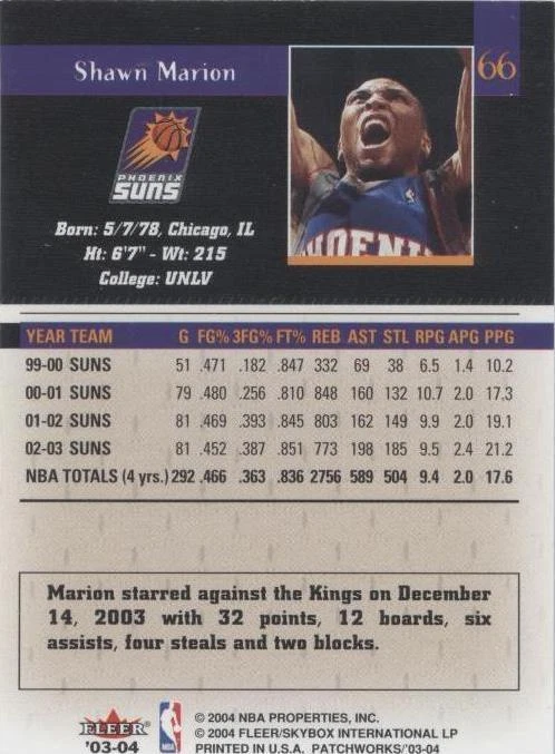 2003-04 Fleer Patchworks - Shawn Marion #66