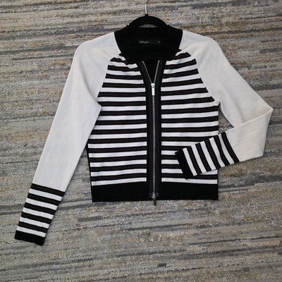 Karen Millen Gr. XS/S Zip Strickjacke schwarz weiß gestreift tailliert Langarm