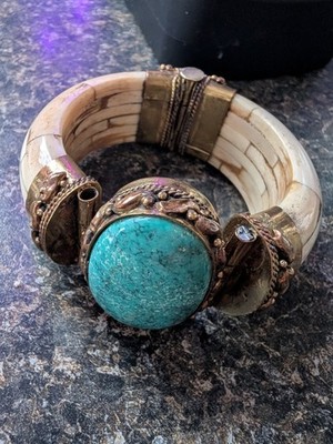 Blue Stone and Bone Hinged Bracelet About Size 7''