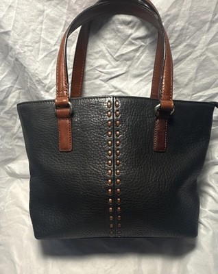 Fossil Black Pebbled Tote Bag Zip Closure Double Handles Silver Hardware