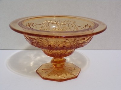 Vintage McKee Rock Crystal Amber Color Depression Glass Bowl Pedestal Octogon