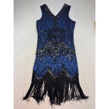 Vintage Style 1920s Flapper Dress Blue Black Sequin Beaded Fringe Gatsby Party L