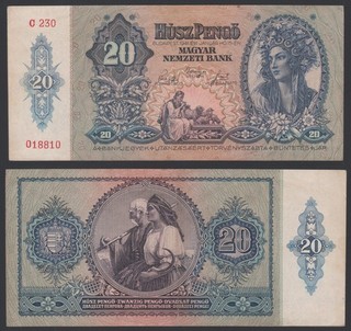 Hungary 20 pengo 1941 Girl & Peasant Couple P109 Block C230 aVF
