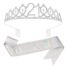 21St Birthday Crown and Sash for Women Girls, Princess Tiara Headpiece for Party