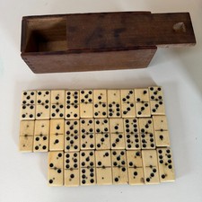 Antique English Bone Ebony Domino Set 28pc Pre-Spinner Brass Pins Victorian Era
