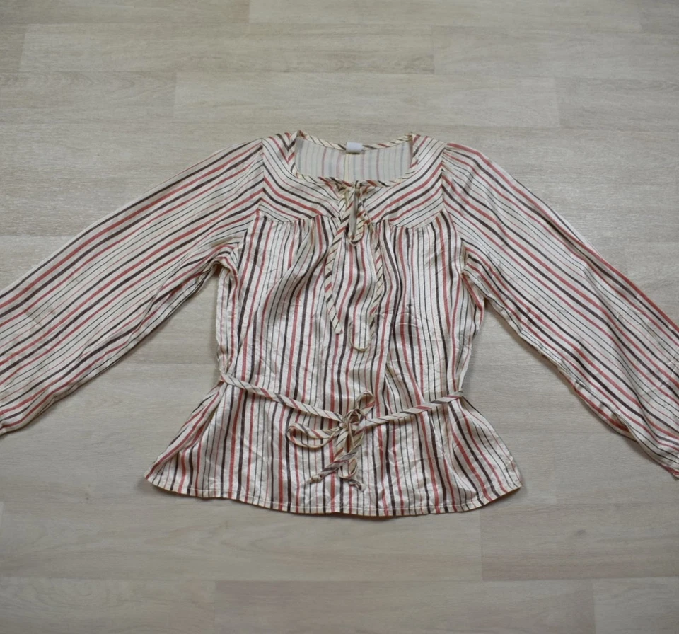 60s Satin Boho Blouse Striped Fowy Bell Sleeve Medium Hippy VTG - Image 3 of 4
