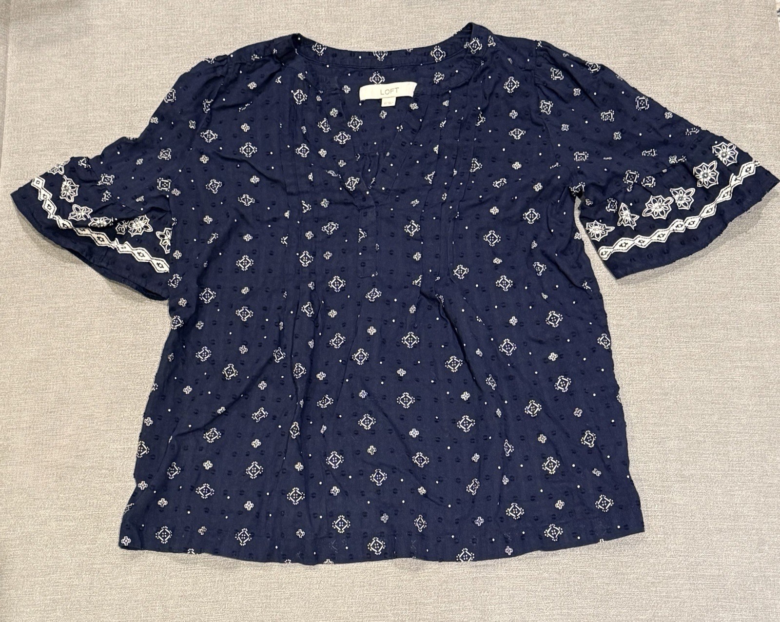 LOFT Navy Embroidered Split Neck Flutter Sleeve B… - image 2