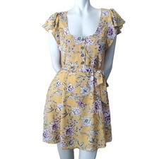 🆕️ XHILARATION Yellow Floral Self-Tie Waist Flutter Sleeve Dress SIZE: XS