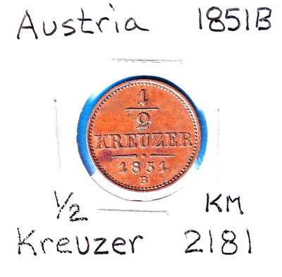 1851B Austria 1/2 Kreuzer (KM-2181) Copper [Franz Joseph] Kremnica Mint