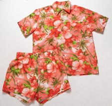VINTAGE 1980S Men's Coral Hawaiian Floral Print Short and Shirt Set MEDIUM