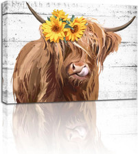Highland Farmhouse Cow with Sunflowers Wall Decor - Rustic Cute Brown Cattle Pos