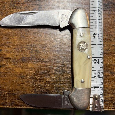 OWL HEAD  CANOE GERMANY 2 BLADE ABALONE CRACKED ICE FOLDING KNIFE