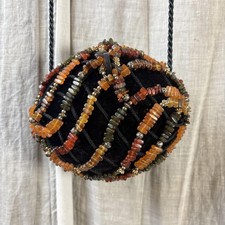 VTG 60s Purse Beaded Round Evening Clutch Clamshell Black w/ Earth Stones Boho