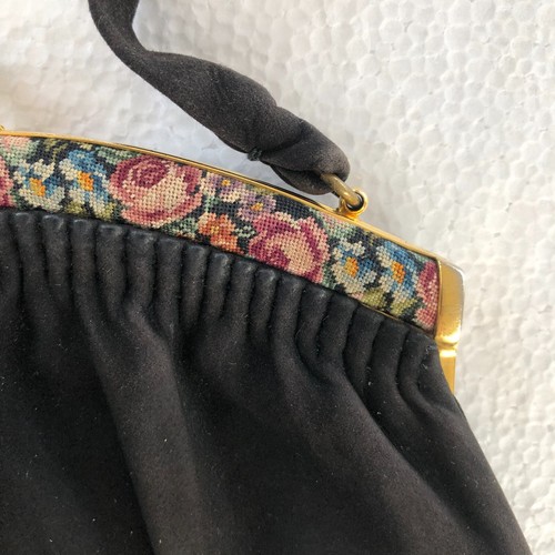 Vintage 40s Black Suede? Handbag Purse Stone Kiss Lock Petit Point Floral Trim - Picture 4 of 13