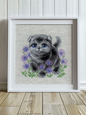 RIOLIS Counted Cross Stitch Kit 2120 Lop-eared Kitten- Grey Fur Cat & Flowers