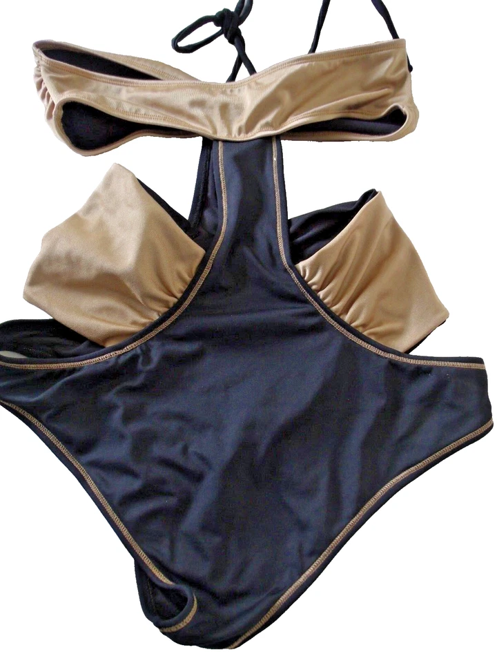 AM/PM By Espiral Large Black/Gold Sexy Bandeau Halterneck Monokini Swimsuit - Image 3 of 4