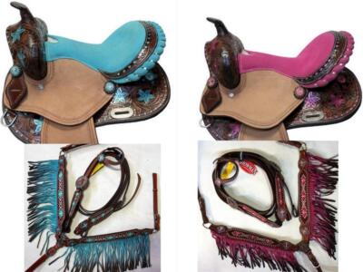 Western Saddle 15'' Pink/Teal Med Oil Tooled Painted & Bling With Or Without HSBP