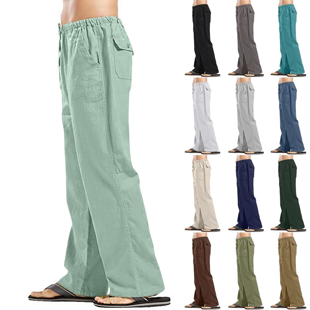 Men's Cotton Linen Casual Loose Fit Summer Beach Pants Solid Color