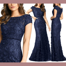NEW $598 MAC DUGGAL [ 16 ] Floral Applique Boat Neck Short Sleeve Gown Blue Q752