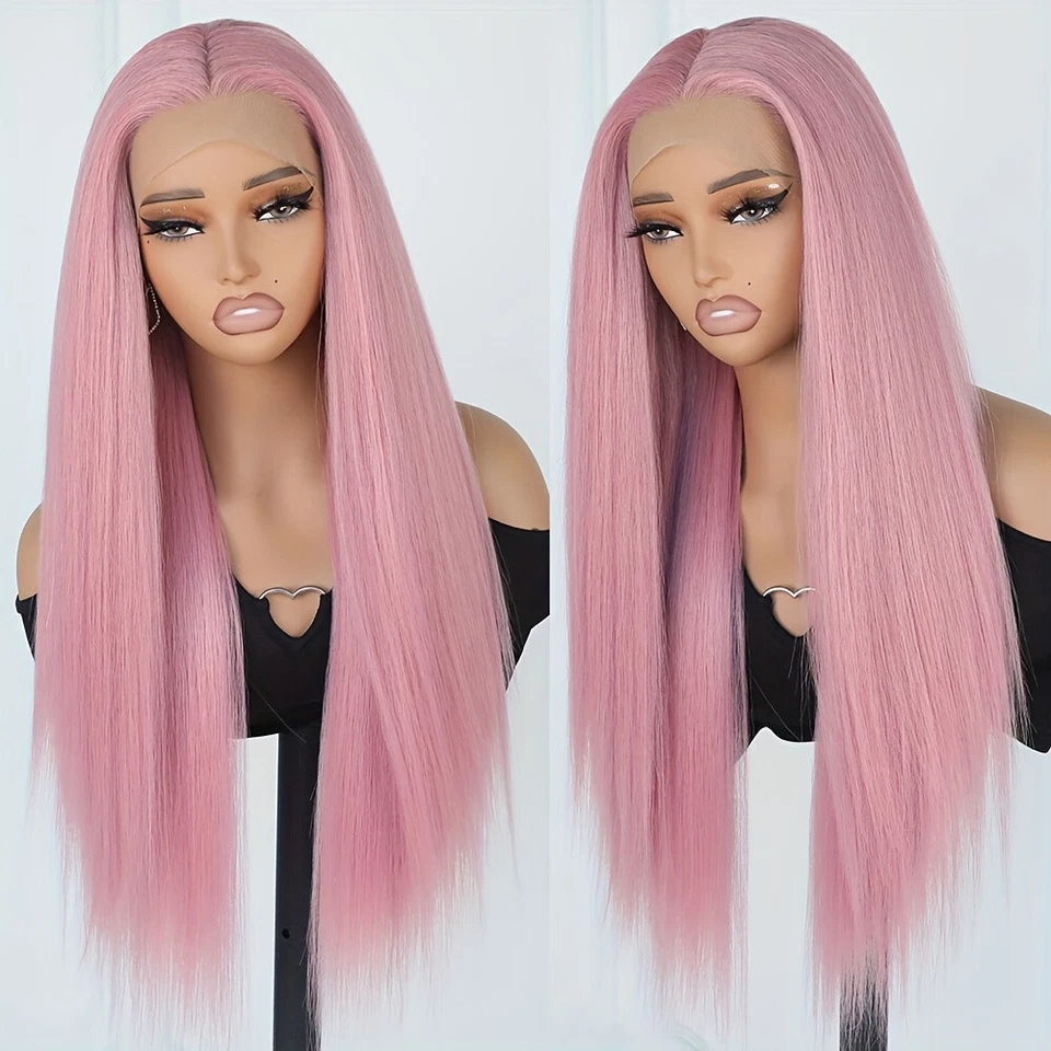 Pelucas delanteras de encaje largo liso color rosa para mujer fiesta línea de cabello natural Foto 3 de 4
