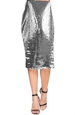 Glitzy Silver Sequin Midi Pencil Skirt Party Celebration Womens Plus Size