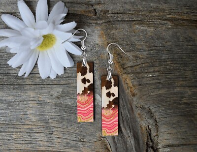 Western Cowhide and Pink Swirl Dangle Wood Bar Printed Earrings Jewelry