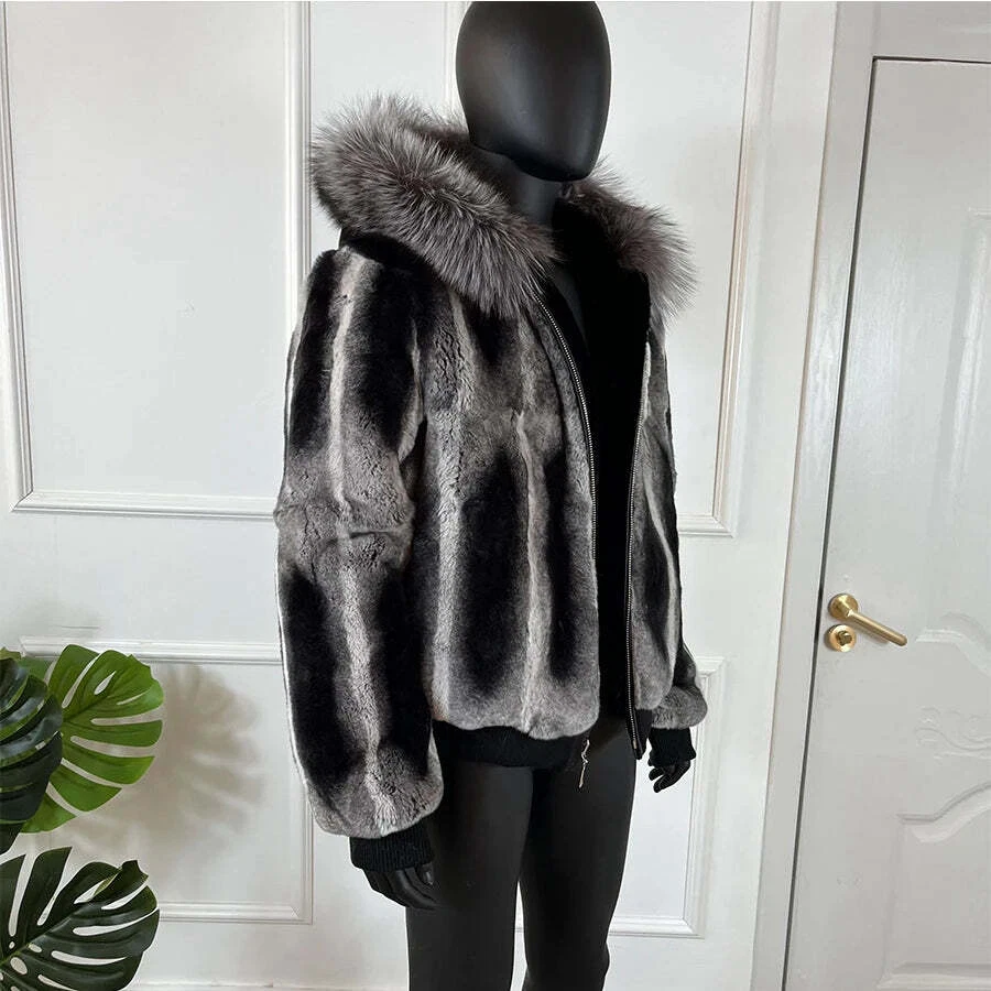 Invierno Para hombres Chinchilla Capucha Chaqueta de Bombardero Real Rex Abrigo de Piel de Conejo Prendas de abrigo cálidas Foto 3 de 4