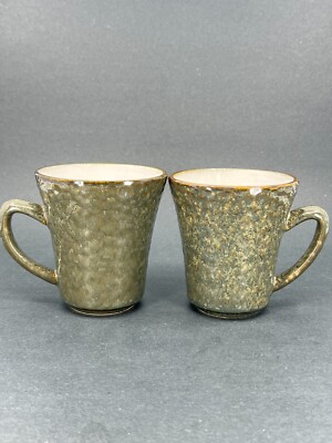 2 Sango Facets Black Coffee Mugs / Olive Green Color Textured Design 12oz 1980s