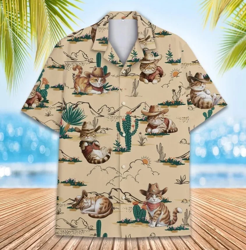 Cowboy Cats Hawaiian Shirt Men Women, Cute Western Cat Print