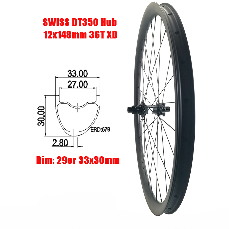 29er MTB Bicycle Rear Wheelset Carbon Rim 28 Hole Tubeless 33mm