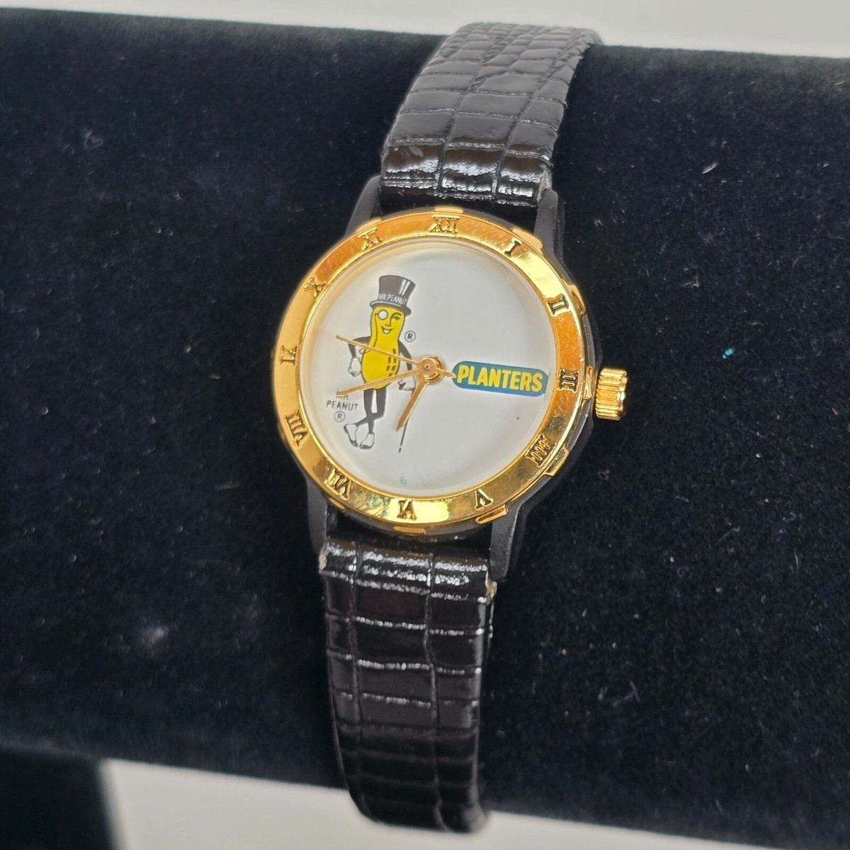 VTG Planters Mr. Peanut Watch Faux Croc Leather Strap Gold-Tone