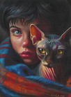 original painting 30 x 40 cm 56SkV artwork oil paints woman&sphynx cat