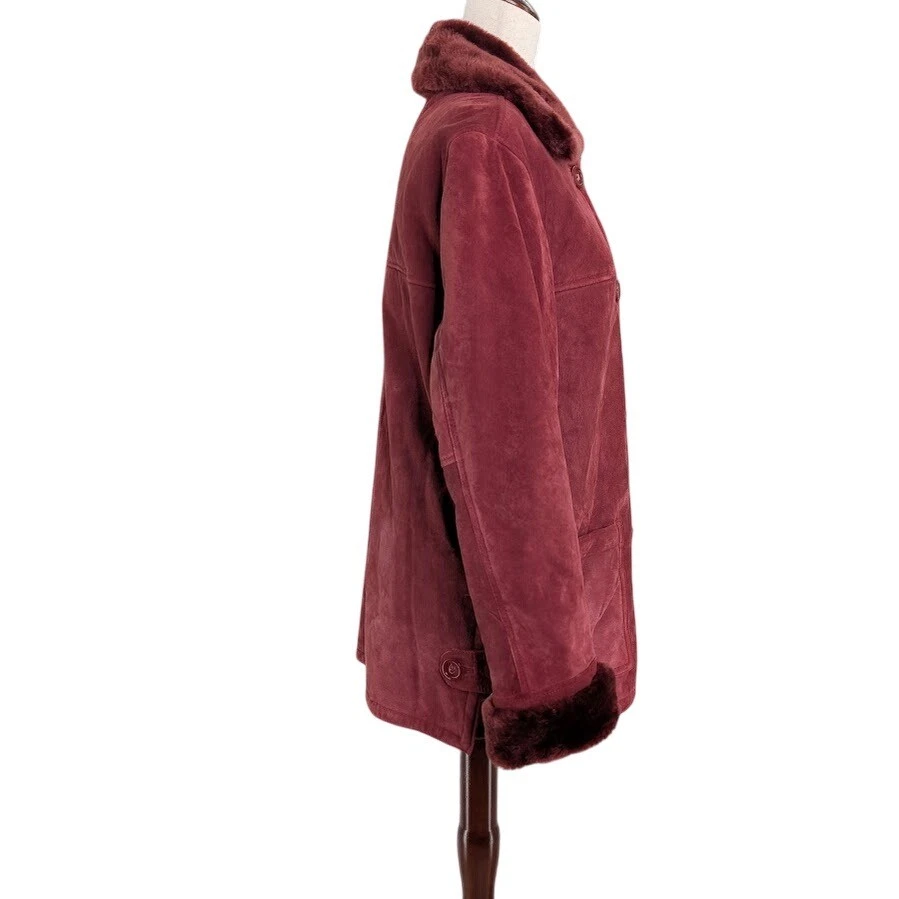 Dennis Basso Burgundy Suede Barn Coat Faux Fur Women's XS Vintage 90s Y2K Boho - Image 2 of 4