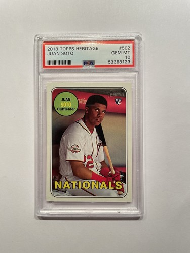 JUAN SOTO - 2018 TOPPS HERITAGE BASEBALL ROOKIE #502 (NATIONALS) - PSA 10 GEM