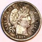 1913-P Barber Silver Dime - Very Fine - #9421D - FREE SHIPPING