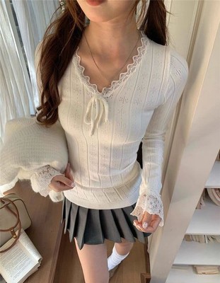 Japanese Sweet Girls Womens Slim Knit Shirts Tops Blouses School Casual Shirts