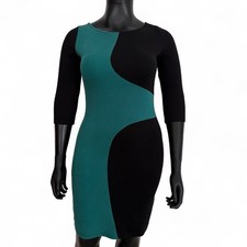 Anna Field Size 12-14 Dress Shift Two Toned Black Green 3/4 Sleeve Stretch EU40