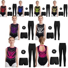 Kids Girls Outfit Ballet Dancewear With Shorts Set Leotard Shiny Rhinestones
