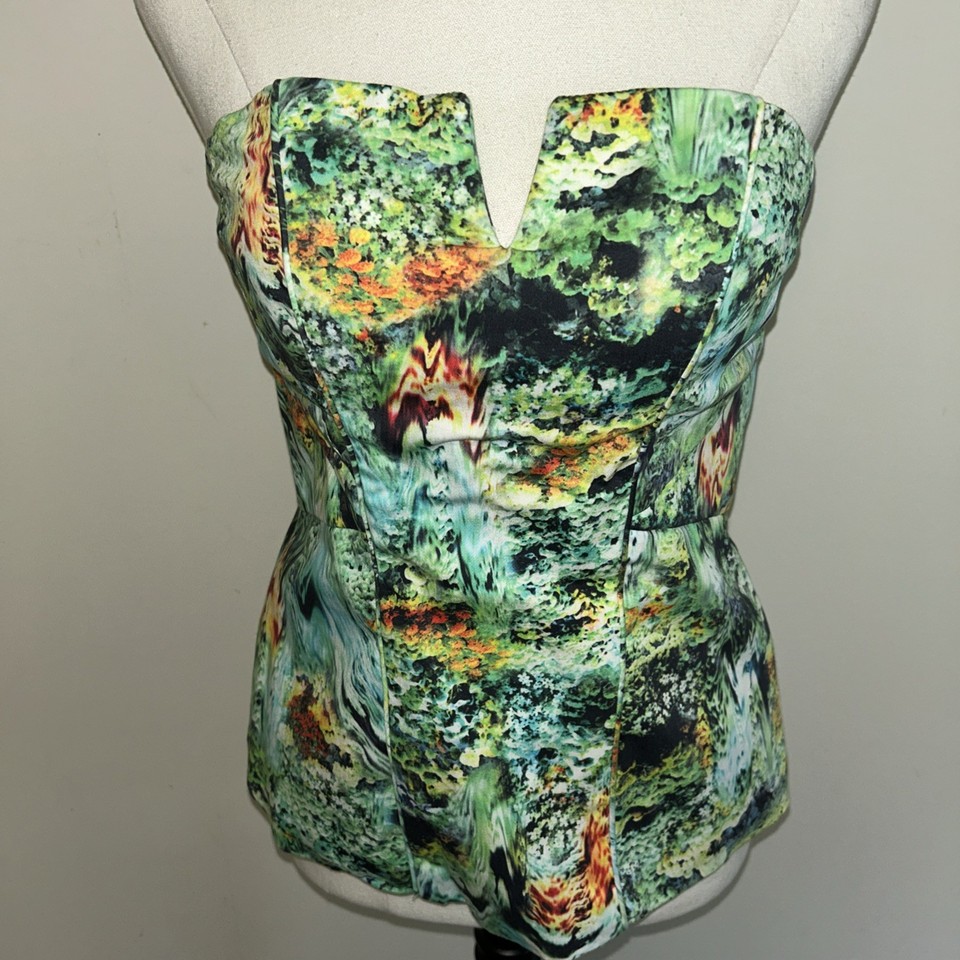 Bardot Top Bustier Corset Sz 10 Peplum Botanical Print Ribs/ Silicone Strips EUC