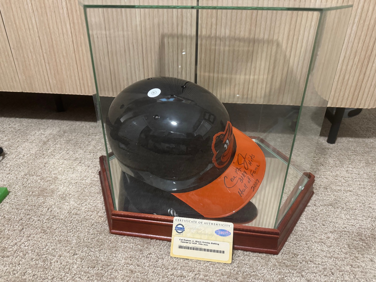Cal Ripken Jr. Autographed Signed Baltimore Orioles Black Orioles Helmet + Case; HoF + Hits, Steiner Auth 