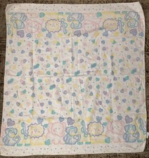 Vintage Pastel Zoo Elephant Lion Monkey Hearts Flannel Receiving Baby Blanket