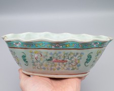 Chinese Antique Celadon Glazed Famille Rose Porcelain Bowl Late Qing Dynasty