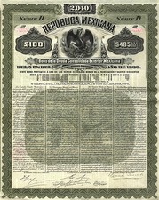 MEKSYK – Republica Mexicana, 5% obligacja, 100 funtów, 1899 !