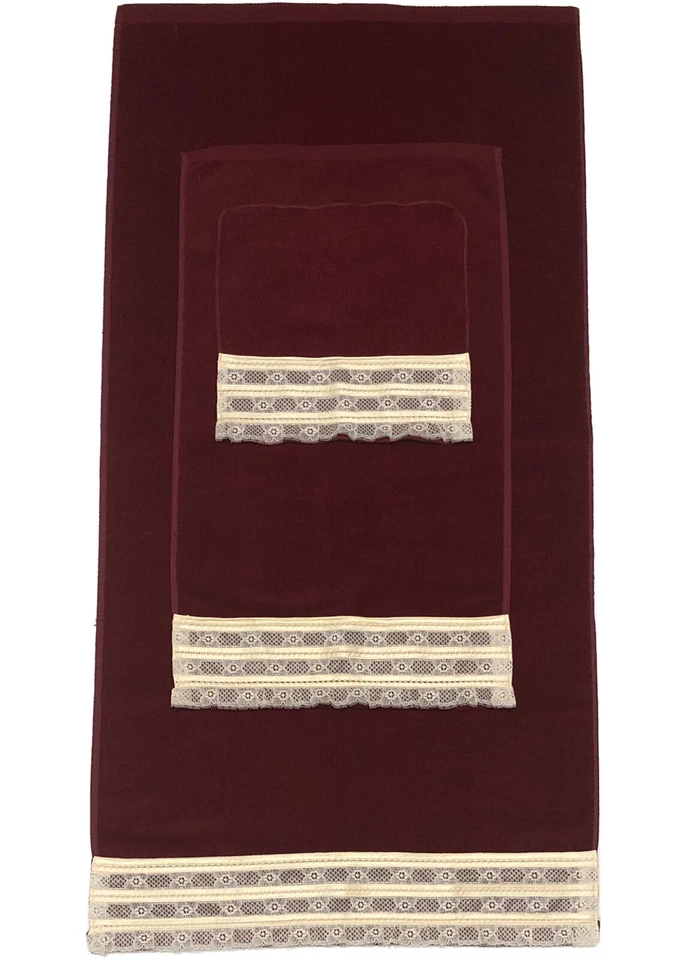 Винтажный MARTEX 3 шт. полотенце комплект бордовый кружевной 1 ванна 1 рука 1 мочалка - Изображение 2 из 4