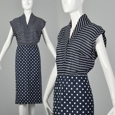 Large Lanvin 1970s Dress Vintage 70s Designer VTG Polka Dot Striped Navy Blue