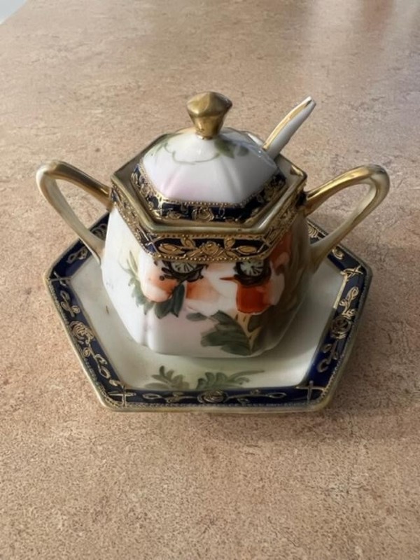 Nippon Hand Painted Japanese Sugar Dish for Tea Set Saucer Lid Spoon Cobalt Gold