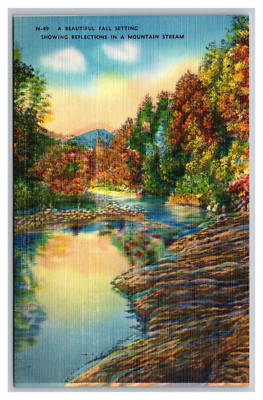 Fall Setting Reflections in a Mountain Stream N-49 Linen Asheville Postcard Co.